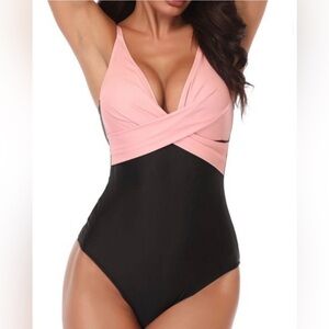 Pink and Black Women’s One-Piece Swimsuit - Cross Front in Sizes S, M, L, XL